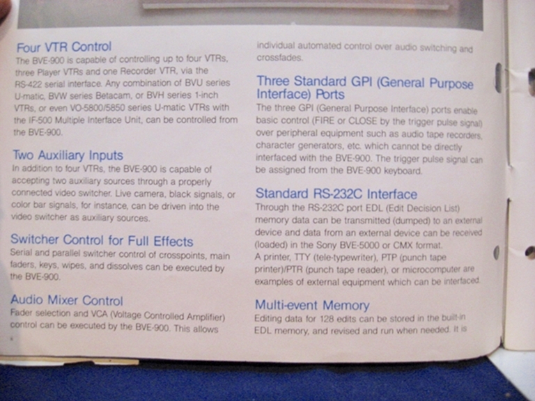 Picture of Sony BVE-900 Information Manual