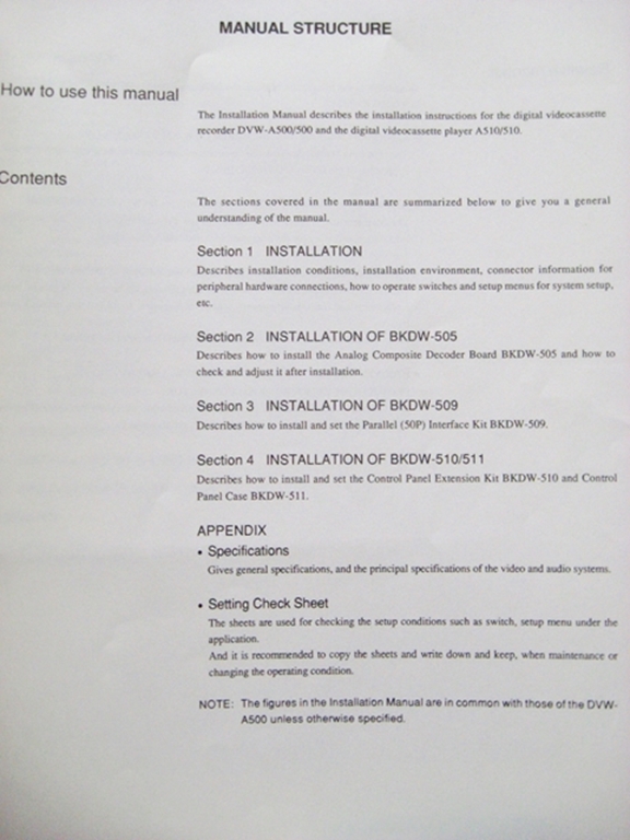 Picture of Sony DVW-A500/500 DVW-A510/510 Installation Manual 1st Edition